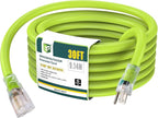 EP 30 Ft Lighted Outdoor Extension Cord - 10/3 SJTW Heavy Duty Green Extension Cable with 3 Prong Grounded Plug for Safety, UL Listed