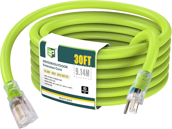 EP 30 Ft Lighted Outdoor Extension Cord - 10/3 SJTW Heavy Duty Green Extension Cable with 3 Prong Grounded Plug for Safety, UL Listed