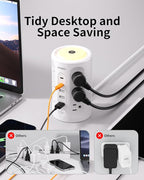 Power Strip Tower with Night Light, Surge Protector Tower with Multiple Outlets (12AC+3A+2C), 10 FT Extension Cord Charging Station for Home, Office, Dorm Essentials (White)