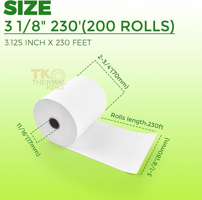 (200 Rolls) 3 1/8" x 230' Thermal Paper, POS Receipt Paper for Retail Business Cash Register, Fits Most Credit Card Terminal Point Of Sale
