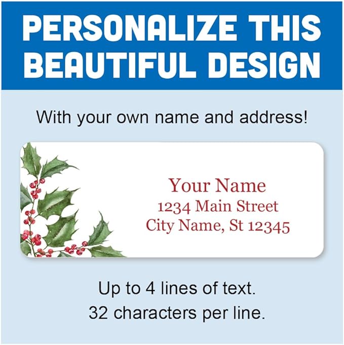 Personalized Return Address Labels - Christmas Holly Flowers - 60-120 Custom Self-Adhesive Stickers