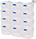 HOMZ 12-Pack Secure Latch, Clear Plastic Storage Organizer Bins, 31 Quart, Blue Latches - Stackable Container Boxes for Bedroom, Bathroom, Garage, and Office Organization