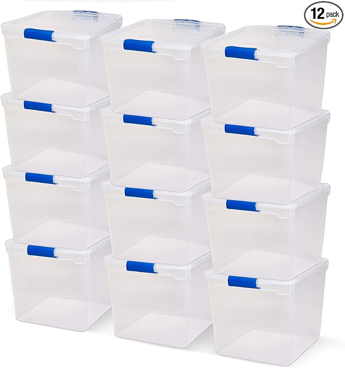 HOMZ 12-Pack Secure Latch, Clear Plastic Storage Organizer Bins, 31 Quart, Blue Latches - Stackable Container Boxes for Bedroom, Bathroom, Garage, and Office Organization