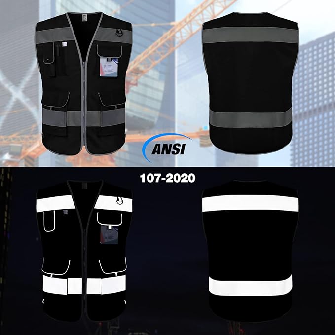 TCCFCCT Reflective Safety Vest, 9 Pockets High Visibility Vest for Men Women, Hi Vis Reflective Work Vest for Safety, Meets ANSI/ISEA Standards, (Black, XX-Large)