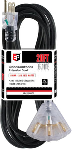 EP 20 Ft 12 Gauge Heavy Duty Extension Cord, 15A 125V 1875W, 3 Outlet Indoor/Outdoor Power Cord with Lighted End, 12/3 SJTW Weatherproof Black, UL Listed