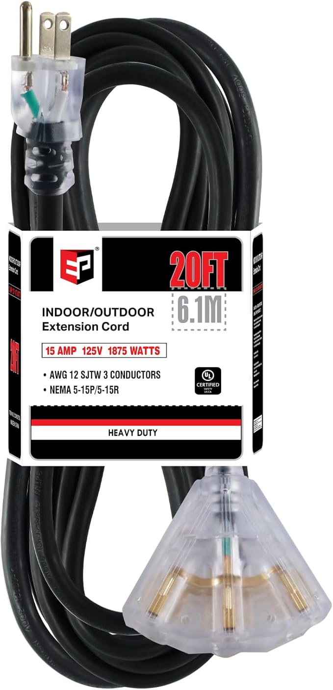 EP 20 Ft 12 Gauge Heavy Duty Extension Cord, 15A 125V 1875W, 3 Outlet Indoor/Outdoor Power Cord with Lighted End, 12/3 SJTW Weatherproof Black, UL Listed