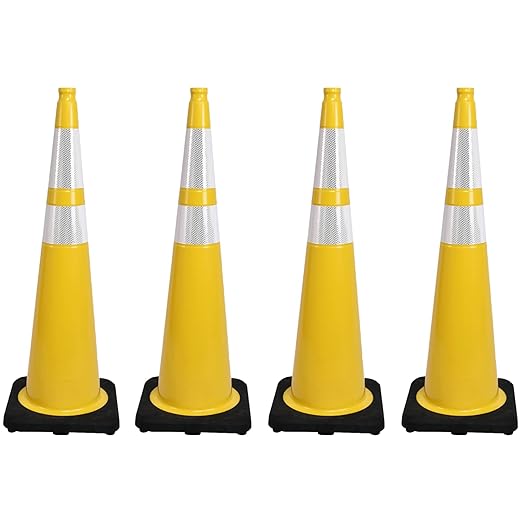 4 Pack 36 Inch Yellow PVC Safety Cones with Black Base, Extra Tall Traffic Cones for Road Construction, Garage Entrance, Outdoor Events (4, Yellow, 36 Inch)