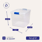 HOMZ 12-Pack Secure Latch, Clear Plastic Storage Organizer Bins, 31 Quart, Blue Latches - Stackable Container Boxes for Bedroom, Bathroom, Garage, and Office Organization