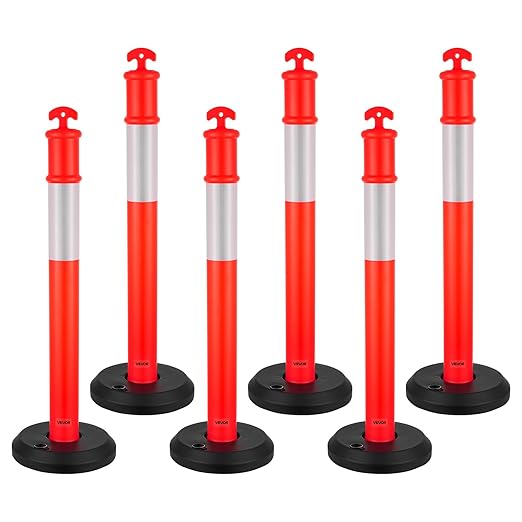 VEVOR 6 Pack Traffic Delineator Posts, 48 inches Traffic Safety Cones with Fillable Base and Reflective Strips, Heavy Duty Delineator Posts for Construction Site, Parking Lot, Crowd Control, Red