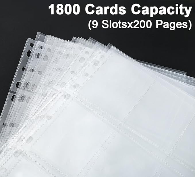 Trading Card Sleeve Pages, HERKKA 200 Pack 9 Pocket Album Pages 11 Holes Fit 3 Ring Binder