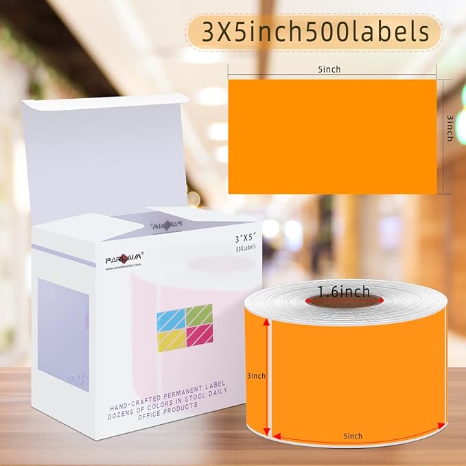 PARLAIM 3" x 5" Rectangle Adhesive Color Code Stickers,500 per Dispenser Box Roll Square Label Inventory Stickers (Fluorescent Orange)