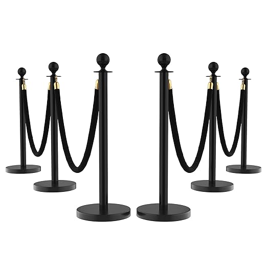 6Pcs Stainless Steel Stanchion Posts with 5ft Red Velvet Ropes - Crowd Control Barriers & Queue Line Kit with 26ft Red Carpet for Wedding, Party, Theater Supplies
