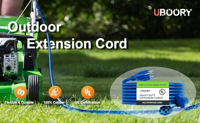 Outdoor Extension Cord Waterproof 50 FT, Blue 14/3 SJTW Heavy Duty, Flexible 100% Copper 3 Prong Extension Cord for Lawn, Garage,UL Listed