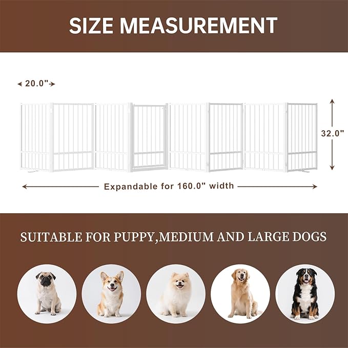8 Panels Full Metal Freestanding Dog Gates with Door, 160” W x 32” H Folding Pet Gate Fence with Support Feet for Indoor,Stairs, Hallways and Doorways(White)