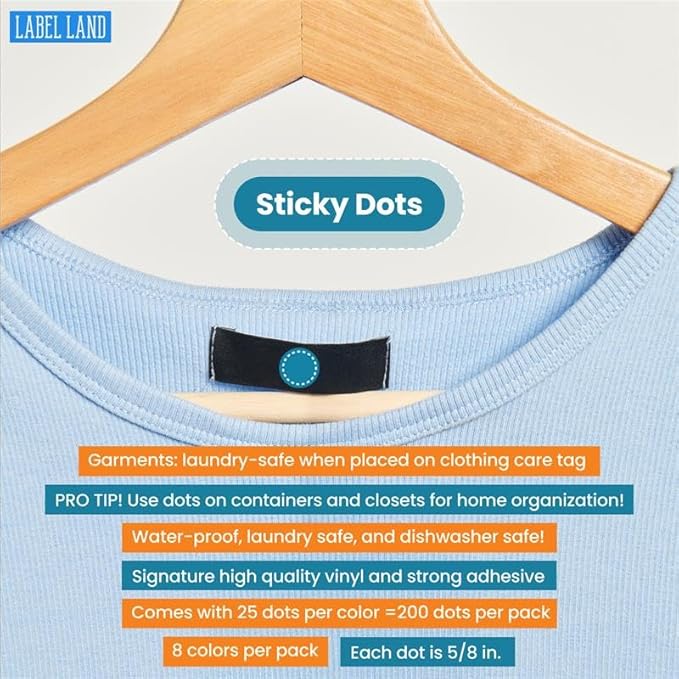Clothing Labels, Color Coded Dots, Stick-On Dots, 200pcs, 8 Colors, 25 of Each Color for Clothes & Laundry Organization, Round Stickers, for Kids, Washer & Dryer Safe