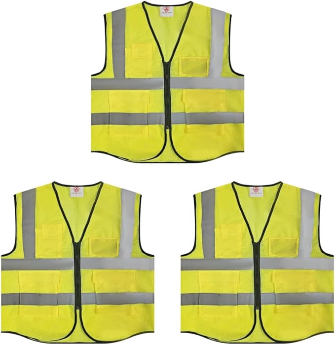 High-Visibility Safety Vests – Pack of 3, Reflective vest, Front Zipper & Utility Pockets for Maximum Safety