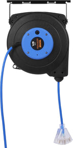 VEVOR Retractable Extension Cord Reel, 50 FT, Heavy Duty 14AWG/3C SJTOW Extension Power Cord with Lighted Triple Tap Outlet, 13A Circuit Breaker 180° Swivel Bracket for Ceiling or Wall Mount, Blue