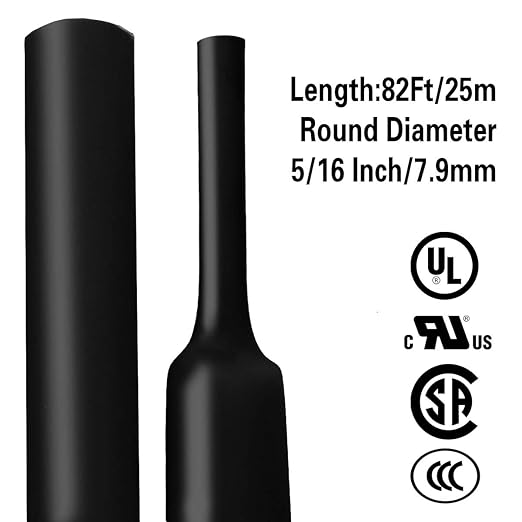 XHF 5/16 Inch(8mm) 82 Ft XHF 3:1 Waterproof Heat Shrink Tubing Roll Marine Grade Adhesive Lined Heat Shrink Tube, Insulation Sealing Oil-Proof Wear-Resistant Black
