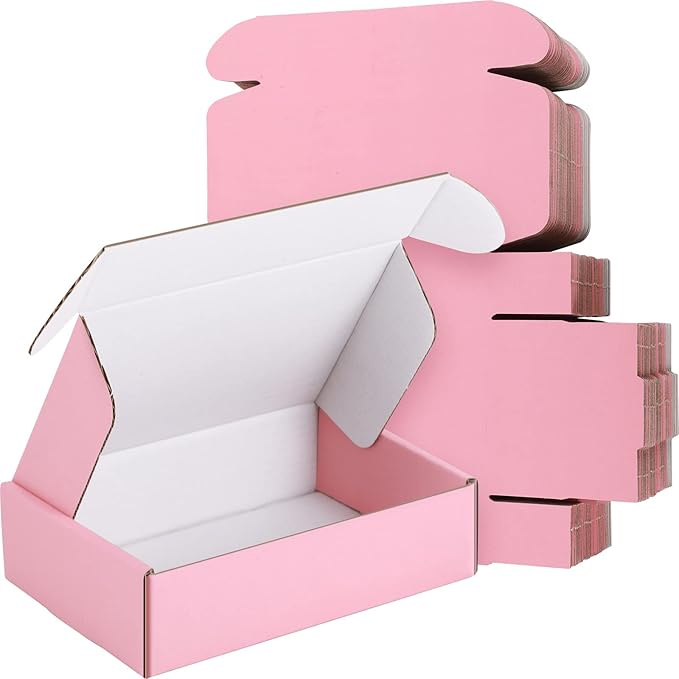 Spakon 50 Packs Shipping Boxes Cardboard Corrugated Mailer Packaging Boxes for Small Business Cute Small Box Cardboard Carton Box Mailers for Packaging Product(Pink,9 x 6 x 2.36 Inches)