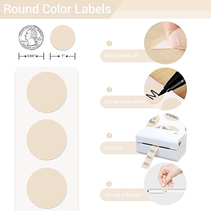 1 Inch Circle Dot Stickers 1000 PCS Color Coding Thermal Labels Dots Writable Printable Small Round Stickers for Office, Classroom, Inventory, Garage, Organizing Storage, Light Brown