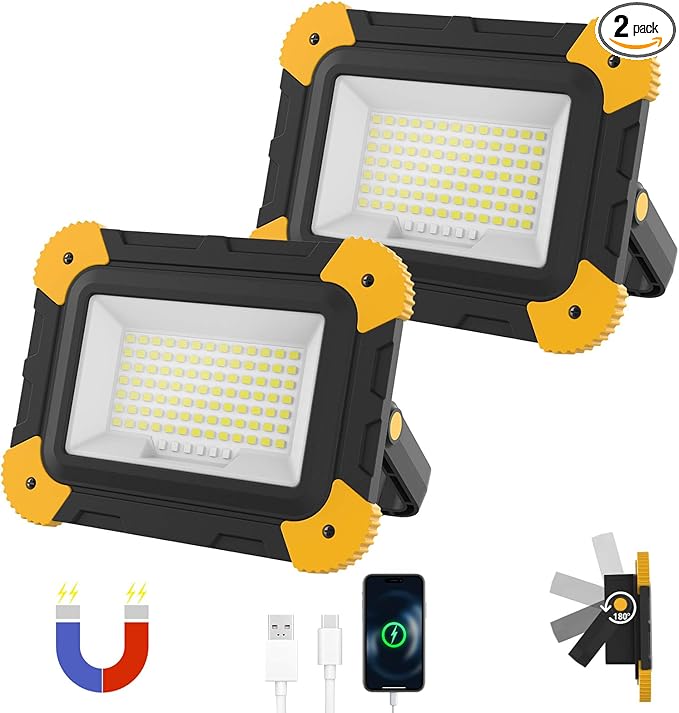 2-Pack Portable Flood Light, 4000mAh Magnetic Rechargeable LED Work Light Battery, 40W Outdoor Waterproof Work Lights Cordless 180° Rotate for Job Site Garage Camping Car Repair, Gifts for Men