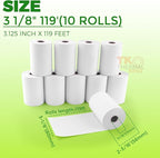 (10 Rolls) 3 1/8" x 119' Thermal Paper, POS Receipt Paper for Retail Business Cash Register, Fits Most Credit Card Terminal