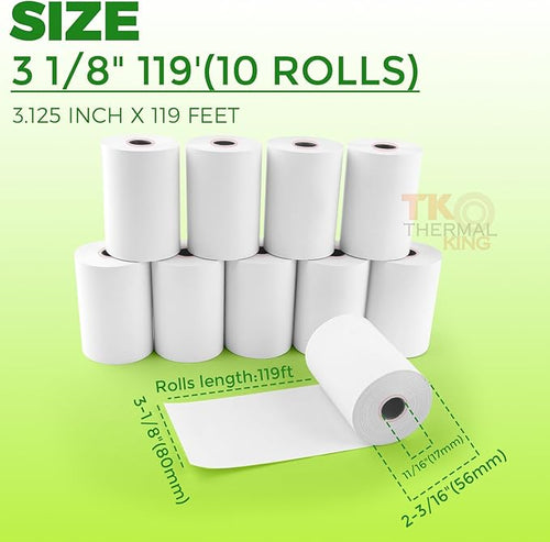 (10 Rolls) 3 1/8" x 119' Thermal Paper, POS Receipt Paper for Retail Business Cash Register, Fits Most Credit Card Terminal