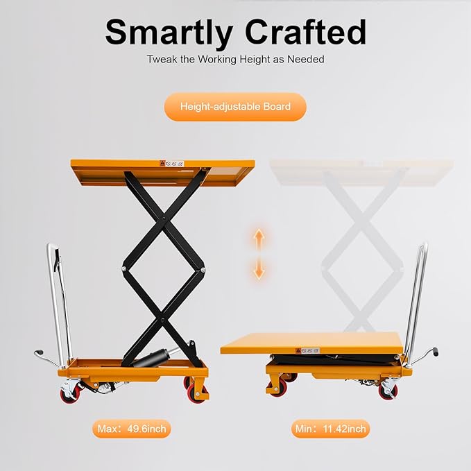 Hydraulic Lift Cart, Double Scissor Design with 770 lbs Load Capacity, 49.6" Max Lift, 4 Locking PU Wheels & Safety Guard for Material Handling and Transportation