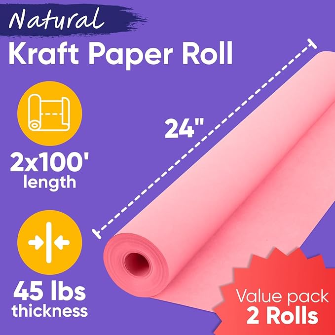 24" x 1200" (100 ft) Pink Kraft Paper Roll (Value Pack of 2), 45 lbs Thickness, Made in USA Colored Craft Paper for School, Bulletin Board - Odorless, Non-Toxic, Safe for Kids
