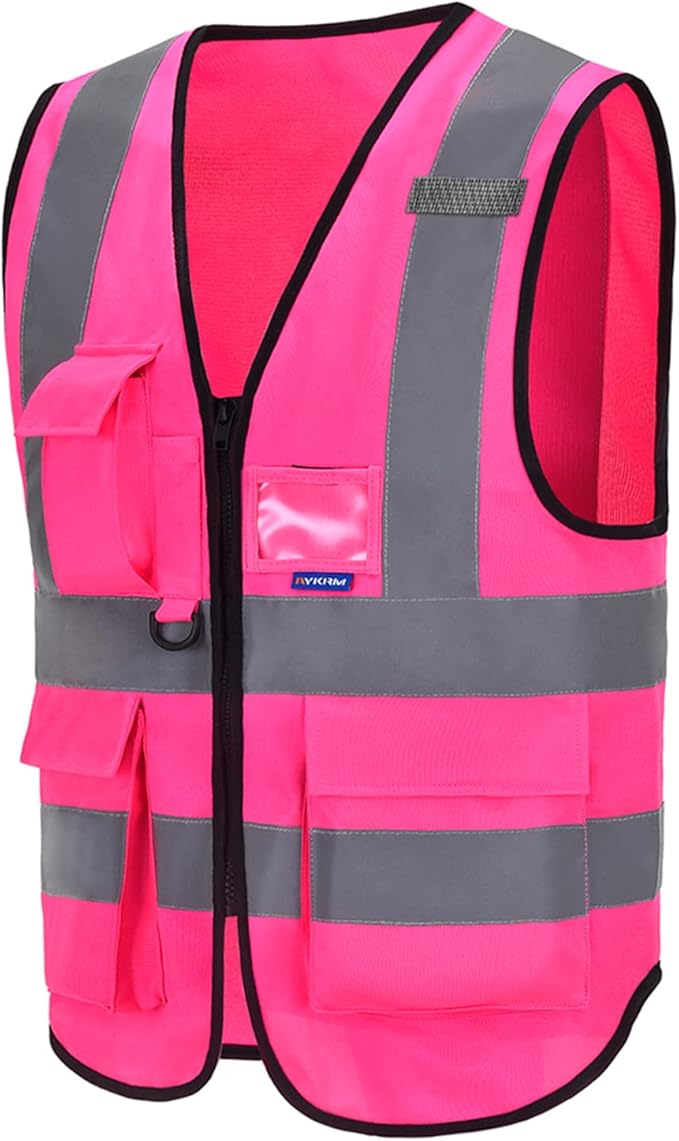A-SAFETY 7 Pockets Hi Viz Zipper Front Working Safety Vest with Reflective Strips, Multiple Colors Available, Pink 4XL-5XL