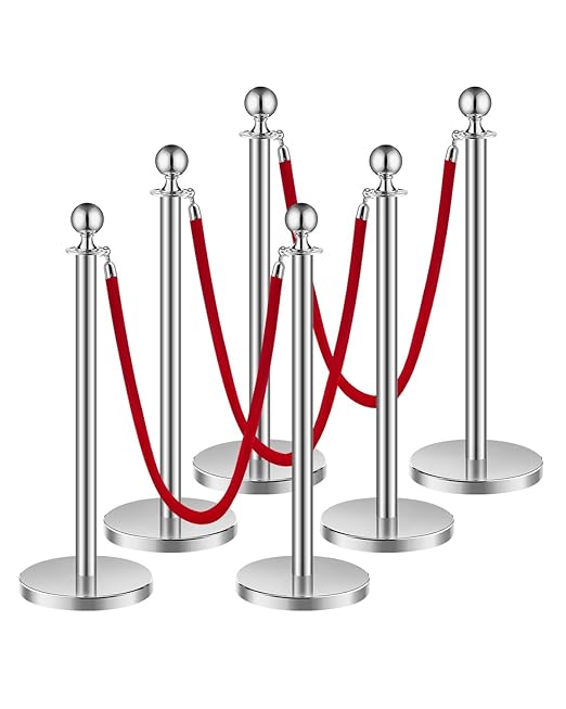 VEVOR Stanchions and Velvet Ropes 6Pcs, Hollow Base with Stainless Steel Post, 3 Red Velvet Ropes and Posts, Crowd Control Barriers Silver Stanchions, Red Carpet Runner Poles for Party Supplies