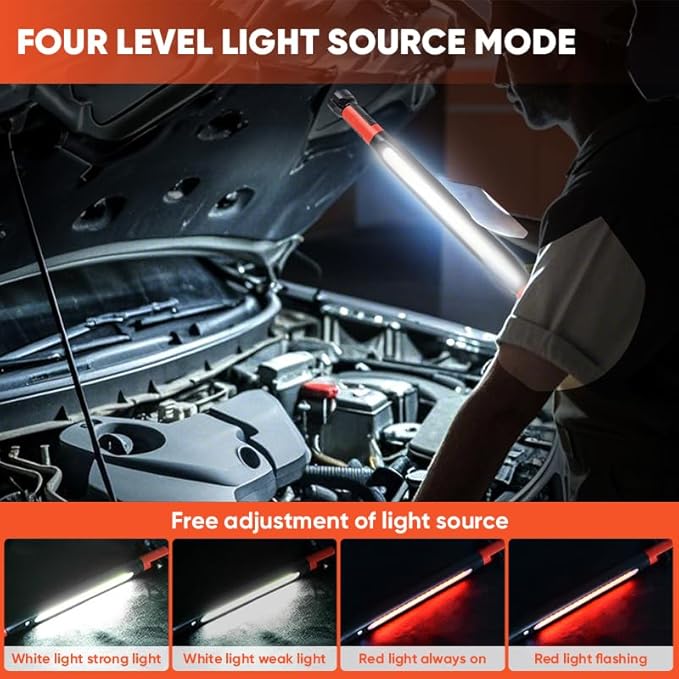 Magnetic Work Light Bar 2026 New | Rechargeable LED Light with Battery | IP55 Weather-Resistant Under Hood Light with Magnetic Base | Hooks & Clamp for Car Repair,Garage,Emergency,Power Outage