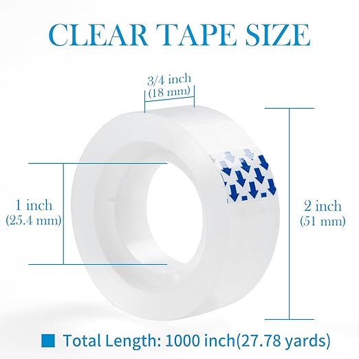 12 Rolls Clear Tape, Transparent Tape Refills for Dispenser, 1 Inch Core, 3/4 x 1000 Inches, Strong Adhesive for Gift Wrapping, Office, School, Home, Desk Supplies & Crafts