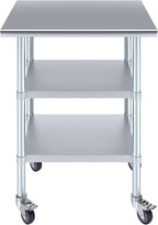 AmGood Stainless Steel Work Table with 2 Shelves and Casters | Metal Utility Table On Wheels (Stainless Steel Work Table with 2 Shelves + Casters, 30" Long x 24" Deep)