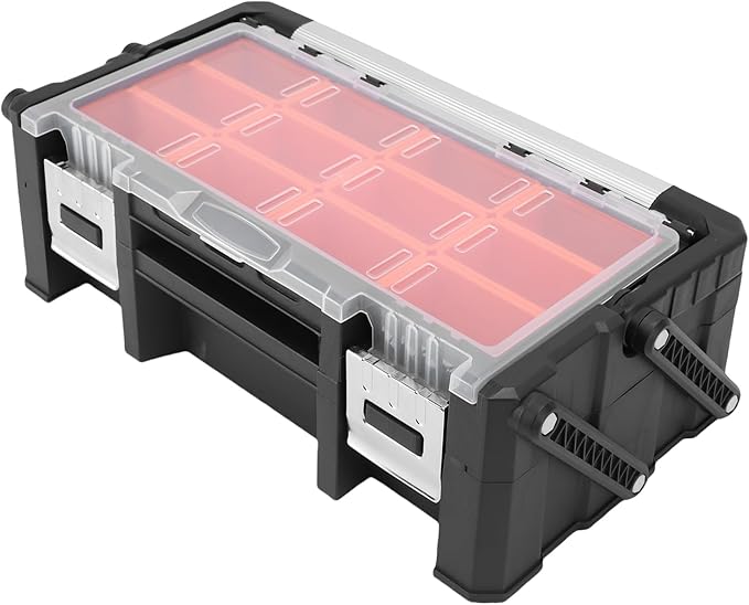 WALFRONT Electronic Tool Box Small Parts Organizer, 18 Compartment Dual Layer PP Aluminum Alloy Storage for Garage and Outdoor Tasks
