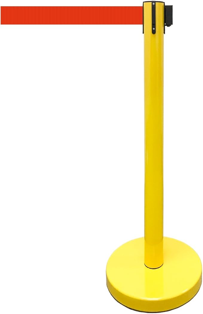Retractable Stanchion, 6 SPECIALTY Posts + Signframe, 36" Ht, 78" Special Event & Holiday Theme Belt + Bonus Replacement Cassettes + Wall Receiver (YEL Post/Red Belt)