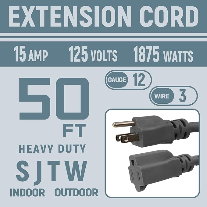 12 Gauge Indoor Outdoor Heavy Duty Grey Extension Cord50 FT, 12 AWG SJTW Electrical Cable, Weather-Resistant Power Cord, Great for Gardenfor, Offices and Lawns