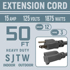 12 Gauge Indoor Outdoor Heavy Duty Grey Extension Cord50 FT, 12 AWG SJTW Electrical Cable, Weather-Resistant Power Cord, Great for Gardenfor, Offices and Lawns