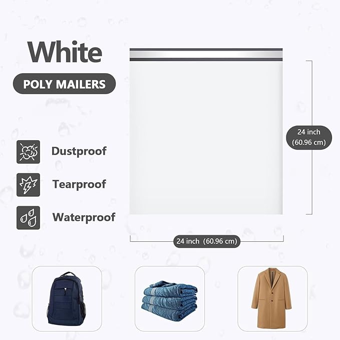 Large Poly Mailers 24x24 Inch 200PCS, 5 Layer Waterproof Self-Seal Shipping Bags for Clothes,Mailing,Books,Package, Strong Adhesive Mailers Bags Shipping Envelopes for Business