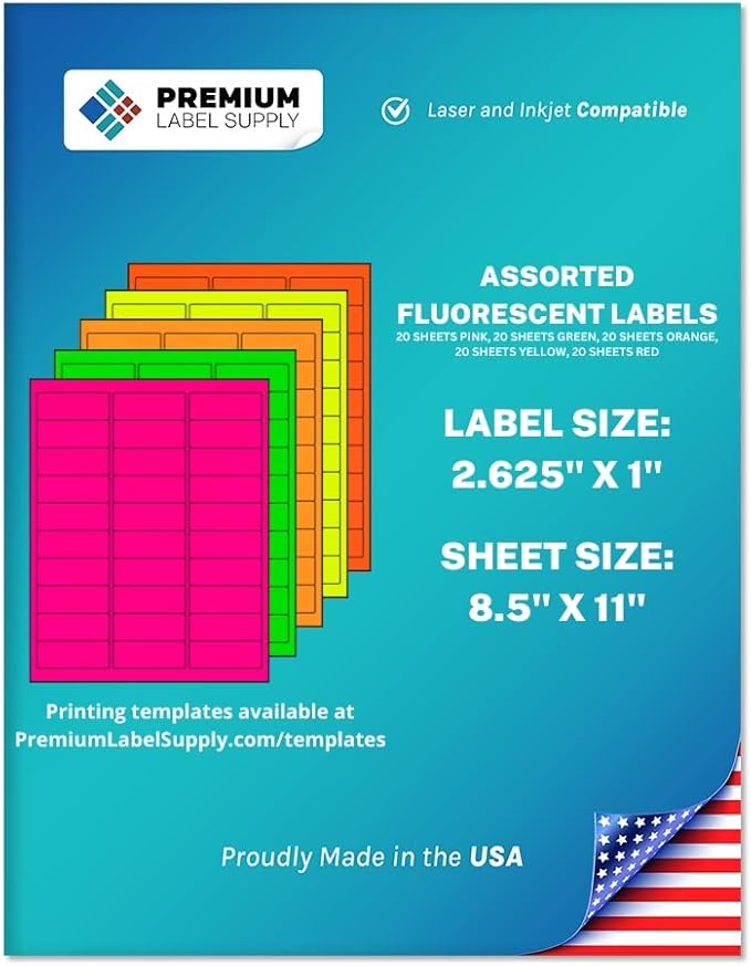 Premium Label Supply Bright Neon Color Fluorescent Stickers - 2.625" x 1" Address Labels - (Assorted Fluorescent, 3000 Labels)