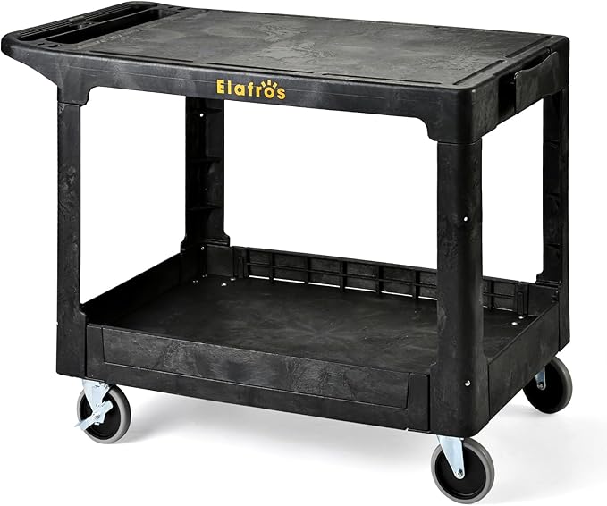 ELAFROS Large Heavy Duty Plastic Utility Cart Flat top 42.5 x 25 Inch - Work Cart Flat Shelves and Full Swivel Wheels Holds up to 550 lbs - 2 Tier Service Cart for Warehouse,Garage, Cleaning Black