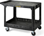 ELAFROS Large Heavy Duty Plastic Utility Cart Flat top 42.5 x 25 Inch - Work Cart Flat Shelves and Full Swivel Wheels Holds up to 550 lbs - 2 Tier Service Cart for Warehouse,Garage, Cleaning Black