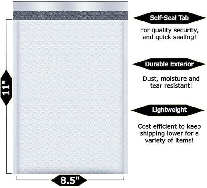 100-Pack 8.5x11" Bubble Mailers White Poly Padded #2 Envelopes Self Seal Shipping Bags Lightweight Tear Resistant Bubble Mailing Envelopes for Small Business Packaging, DVD, Clothing, Books, Gifts