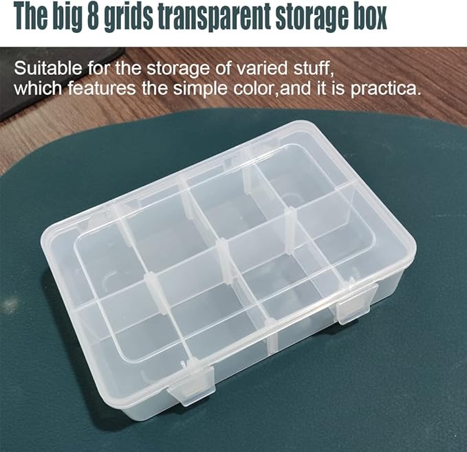 2 Pcs 8 Grids Clear Organizer Box Plastic Storage Container with Adjustable Dividers for Electronics Jewelry Beads Art DIY Crafts Fishing Small Parts
