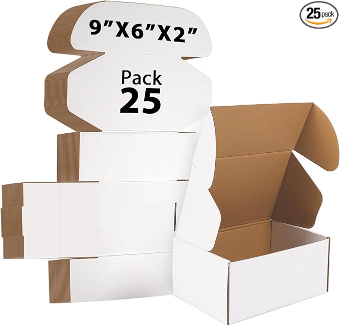 9x6x2 inches Shipping Boxes Set of 25, Small Corrugated Cardboard Box, Literature Mailer, Gift Boxes (White, 9x6x2)