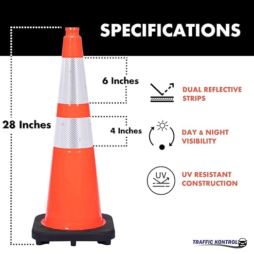 6 Pack 28" Inch Orange Traffic Safety Cones with Dual Reflective Collars - High Visibility Industrial Pylons Traffic Cones for Road, Parking Lots, Driving, Construction