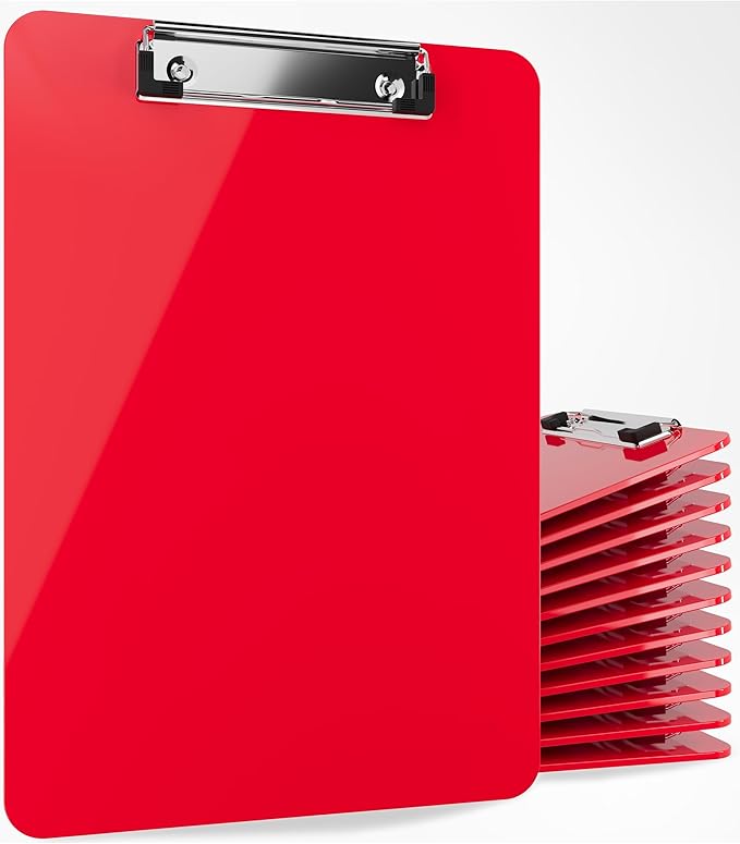 Red Plastic Clipboards (Set of 12) Multi Pack Clipboard - Strong 12.5 x 9 Inch | Holds 100 Sheets! Acrylic Clipboards with Low Profile Clip | Cute Aesthetic College School Supplies for Girls & Boys