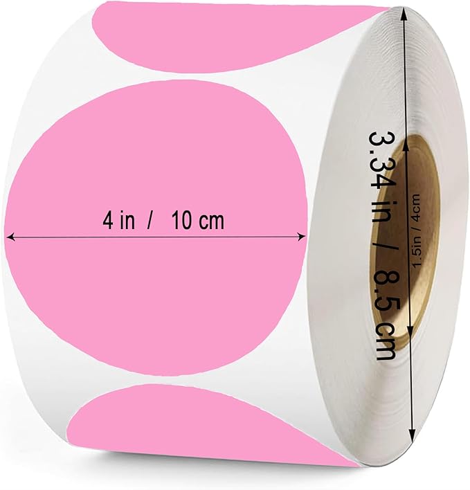 4 Inch Large Pink Circle Thermal Labels, Self-Adhesive Round Inventory Stickers, Multi-Purpose Round Roll Thermal Printing Stickers for Business and Domestic Use-300 Labels/Roll