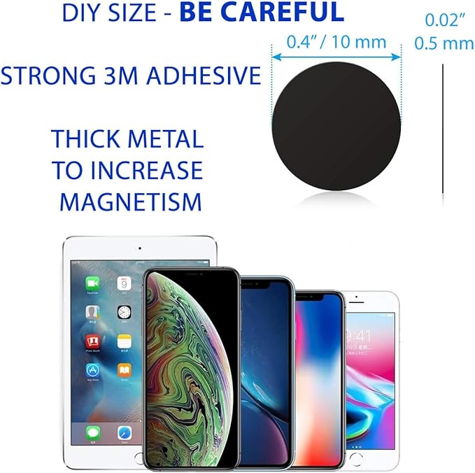 Cell Phone Metal Stickers 0.4 inch for Magnetic Car Mount. Replacement Set of 64 Mini Magnet Metal Plates. Silver Car Sticky Small Round Iron Discs with 3M Adhesive Backing for Case, DIY, Crafts.