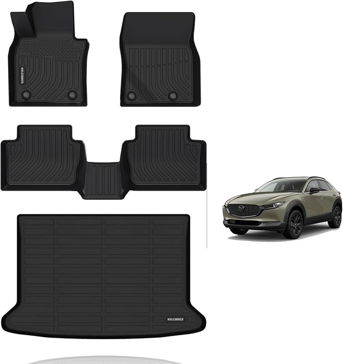 KELCSEECS® Floor Mats & Cargo Liner Custom for 2025 2024 2023 2022 2021 2020 Mazda CX-30 Only FWD All Weather Protection Waterproof TPE Floor Liners Front & Rear Row Full Set Accessories Black